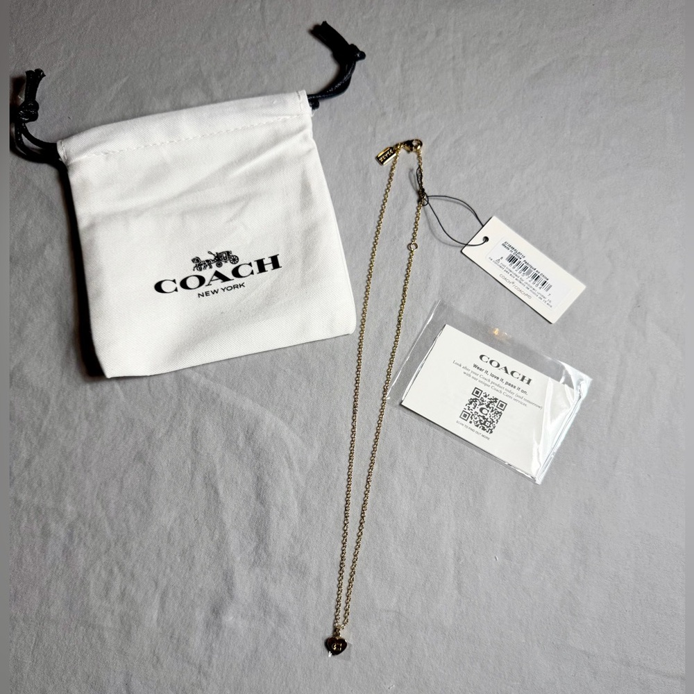 Coach Gold Necklace With Heart Shaped Pendant and Dust Bag NWT
